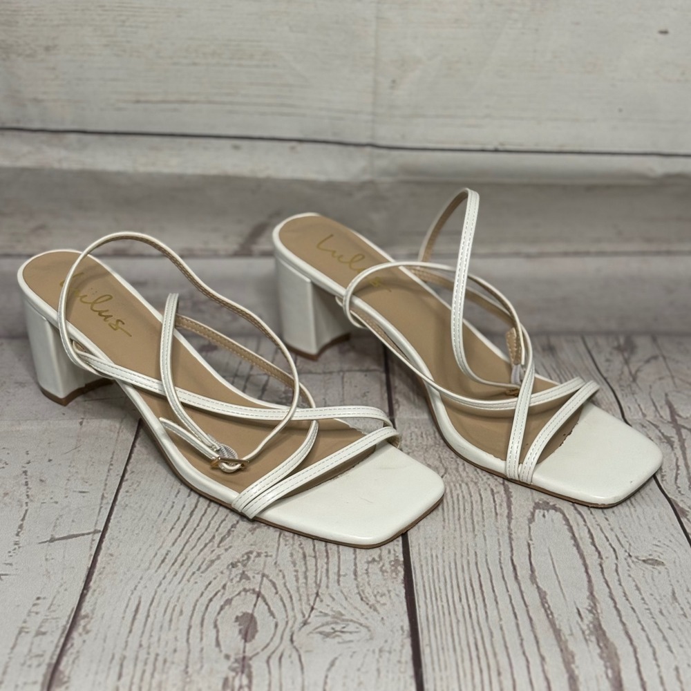 Lulus White Strappy Block Heel Sandals Square Toe Mid Heel Womens 8.5